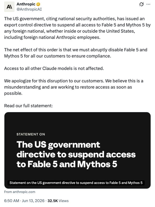 Anthropic Export Control Suspension Statement